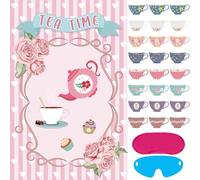 Hxezoc Tea Party Games: Pin The Tea Cup With 24 Pcs Stickers, Large Games Poster for Girls' Birthday Party