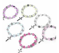 HXFFXHF 6 Pieces Colorfu Artificial Crystal Rosary Beads Stretch Bracelets with Cross Pendant, Catholic Jewelry Handmade Prayer Accessories