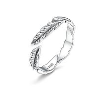 HXFFXHF 925 Sterling Silver Ring Feather Open Ring Adjustable Finger Rings For Women Vintage Jewelry