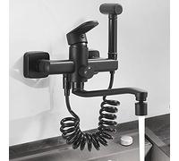 HXFFXHF Black Wall Mounted Kitchen Faucet Brass Double Hole Washbasin Faucet with Spray Gun Rotation Hot and Cold Water 2 Modes Kitchen Sink Faucets-20Cm (Color : 25CM)