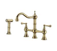 HXFFXHF Bridge Kitchen Faucet Brass with Side Sprayer, 4 Hole Kitchen Faucet 2 Handle 8 Inch Centerset Faucet for Kitchen Sinks, Heritage Brushed Gold Kitchen Sink Faucet