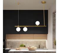 HXFFXHF Brushed Brass Gold Linear Hanging 3-Light Ceiling Chandelier with Glass Globe Shade Kitchen Island Pendant Lamp for Over Table Living Room Bedroom Hallway(3000K)