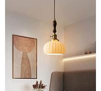 HXFFXHF Japanese Simple Retro Pumpkin Brass Chandelier Wood Pendant Lamp White Ceramic Chandelier Bar Living Room Suspended Lamps Bedroom Bedside Drop Lights Interesting