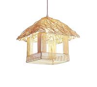 HXFFXHF Japanese Style Creative Chandelier Natural Art Lamp Shades Beige Vintage Hand-Woven Decorative Lights Chandelier Ceiling Lighting Basket House Shape Ceiling Lamping