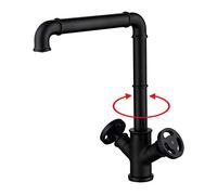 HXFFXHF Kitchen Faucet Industrial Style Kitchen Sink Faucet Deck Mounted High Arc 360° Swivel Kitchen Mixer Tap Double Handle Kitchen Sink Tap with Cold and Hot Water, Black