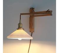 HXFFXHF Light Antique Wooden Wall Sconces with White Pleated Ceramic Shade Wood Wall Sconce Vintage Wall Light with Plug-in Cord Swing Arm Wall Lamp Bedroom Nightstand Bedside Reading Lamp (Color :