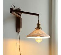 HXFFXHF Light Antique Wooden Wall Sconces with White Pleated Ceramic Shade Wood Wall Sconce Vintage Wall Light with Plug-in Cord Swing Arm Wall Lamp Bedroom Nightstand Bedside Reading Lamp (Color :