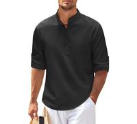 HXFFXHF Men's Dress Shirts Long Sleeve Linen Shirt Button Down Stand Collar Wrinkle-Free Business Casual Office