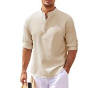 HXFFXHF Men's Dress Shirts Long Sleeve Linen Shirt Button Down Stand Collar Wrinkle-Free Business Casual Office