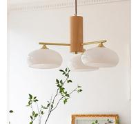 HXFFXHF Mid Century Modern Chandelier Wood Milk Glass Ceiling Pendant Light Vintage Rustic Hanging Lamp Large Round Farmhouse Chandeliers for Dining Room Living Room Bedroom Kitchen Bar