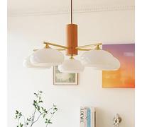 HXFFXHF Mid Century Modern Chandelier Wood Milk Glass Ceiling Pendant Light Vintage Rustic Hanging Lamp Large Round Farmhouse Chandeliers for Dining Room Living Room Bedroom Kitchen Bar