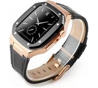 HXFFXHF Stainless Steel Case Leather Watch Strap，Compatible with Apple Watch 45mm 44mm 41mm, Men Military Full Protection Metal Cover Replacement Bands，For Iwatch Series 8 7 6 5 4 SE