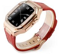 HXFFXHF Stainless Steel Case Leather Watch Strap，Compatible with Apple Watch 45mm 44mm 41mm, Men Military Full Protection Metal Cover Replacement Bands，For Iwatch Series 8 7 6 5 4 SE