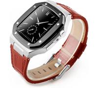 HXFFXHF Stainless Steel Case Leather Watch Strap，Compatible with Apple Watch 45mm 44mm 41mm, Men Military Full Protection Metal Cover Replacement Bands，For Iwatch Series 8 7 6 5 4 SE
