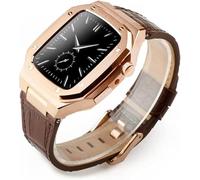 HXFFXHF Stainless Steel Case Leather Watch Strap，Compatible with Apple Watch 45mm 44mm 41mm, Men Military Full Protection Metal Cover Replacement Bands，For Iwatch Series 8 7 6 5 4 SE