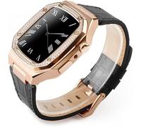 HXFFXHF Stainless Steel Case Leather Watch Strap，Compatible with Apple Watch 45mm 44mm 41mm, Men Military Full Protection Metal Cover Replacement Bands，For Iwatch Series 8 7 6 5 4 SE