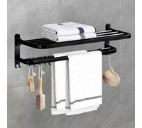 HXFFXHF Towel Rail Wall Mounted 2-Tier Foldable Towel Holder Bath Towel Rack with Activity 5 Hooks SUS 304 Stainless Steel Towel Shelves Towel Rail for Bathroom, Kitchen, Hotel (23-Inch, Black)