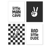 Hxlac Black and White Checkered Boy Room Wall Art Prints Set of 4 Unframed - Preppy Checkerboard Wall Decor, Teen Boys Toddler Nursery Wall Decor, Little Man Cave Peace Sign Wall Decor(8x10 Inches)