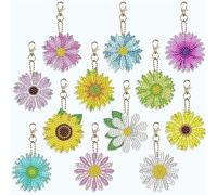 HXMJIED 12 Pcs Diamond Art Painting Keychain Double Sided, Flower 5D DIY Full Drill Diamond Painting Keyring Pendants Rhinestone Painting Key Rings Chains Making Kits for Purse Key Pendant