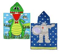 HXMJIED 2 Pcs Children's Hooded Bath Towels Wrap, 60x120cm Kids Changing Robe Towel Swimming Beach Poncho Robe with Hood Fast Drying Cotton Pool Towels for Aged 3-7 (Astronaut, Crocodile)
