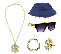 HXMJIED 4 Pcs Hip Hop Costume Kit, Hippy Accessories, 80s/90s Rapper Accessories,Hip Hop Fancy Dress Costumes,Bucket Hat Dollar Sign Necklace Sunglasses Gold Bracelet Ring Outfit for Disco Theme Party