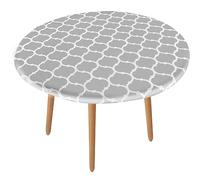 HXMJIED Elastic Edged Vinyl Fitted Tablecloth, Grey Stripe Round Table Cover, 110-140CM Fitted Flannel Backed, Waterproof and Oil-Proof, Wipeable