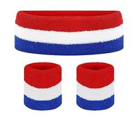 HXMJIED Sports Sweatbands Headband Wristband Set (1psc Headband + 2pcs Wristband) Red White Blue Striped Sports Headband Wristband Cotton Elastic Sweat Band for Basketball Tennis Exercise