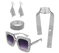 HXMJIED70s Disco Costume Accessories Set,1970s Disco Costume for Women Girls,Sequins Scarf Earrings Rhinestone Thick Frame Sunglasses and Bracelet Fancy Dress Kit for 70 80Disco Theme Party Stage Show