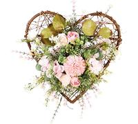 HXSCOO 11.8 Inch Artificial Pink Hydrangea Wreath Silk Rose Flowers Wreath For Front Door, Heart Shaped Spring Summer Wreath Eucalyptus Garland For Valentines Day Wedding Party Decoration
