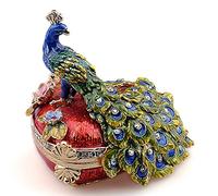 HXSCOO Heart Shaped Crystal Jeweled Peacock Trinket & Box Jewelry Keepsake Pewter Animal Collectible Figurines Gift