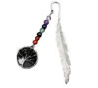 HXSCOO Natural Crystal Stone 7 Chakra Bookmark Vintage Metal Feather With Healing Crystals Gemstones Book Marker Tree of Life Bookmarks (Color : Obsidian)