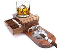 Hxsklzs Cigar Ashtray, Wooden w/ Whiskey Glass Tray, Cigar Cutter, Drawer & Slot, Vintage, 11.0 x 4.0 x 2.0 inches