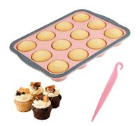HXSYKJDM Silicone Muffin Trays 12-Cup Foldable with Removable Tool - Non-Stick Cupcake & Yorkshire Pudding Baking Pan, Pink Space-Saving Design for Home Bakers, 31x22.3x3.6cm