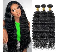 Hxxcoup Deep Wave Human Hair Bundles Real Hair Extensions Real Hair Wefts 100% Unprocessed 8A Brazilian Remy Hair Natural Black for Women No Smell No Tangle 12 14 16 Inches