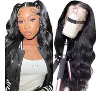 Hxxcoup Human Hair Wig Body Wave Natural Black 13 x 4 Lace Front Real Hair Wig Black Wig Women's Glueless Wear and Go Blenched Knots with Baby Hair for Woman No Smell 22 Inches
