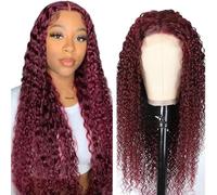 Hxxcoup Human Hair Wig Curly Wave Burgundy Real Hair Wig for Women Wigs 5 x 5 Lace Front #99J Real Hair 100% Unprocessed Brazilian Virgin Hair Glueless Wear and Go for Woman 24 Inches