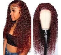 Hxxcoup Human Hair Wig Curly Wave Burgundy Real Hair Wig for Women Wigs 5 x 5 Lace Front #99J Real Hair 100% Unprocessed Brazilian Virgin Hair Glueless Wear and Go for Woman 22 Inches
