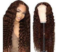 Hxxcoup Human Hair Wig Deep Wave Real Hair Wig for Women Wigs 5 x 5 Lace Front #4 Chocolate Real Hair 100% Unprocessed Brazilian Virgin Hair Glueless Wear and Go for Woman 34 Inches