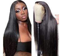 Hxxcoup Human Hair Wig Straight Natural Black 13 x 4 Lace Front Real Hair Wig Black Wig Women's Glueless Wear and Go Blenched Knots with Baby Hair for Woman No Smell 24 Inches
