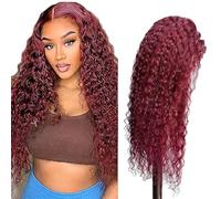 Hxxcoup Human Hair Wig Water Wave Burgundy Real Hair Wig for Women Wigs 5 x 5 Lace Front #99J Real Hair 100% Unprocessed Brazilian Virgin Hair Glueless Wear and Go for Woman 20 Inches