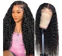 Hxxcoup Human Hair Wig Water Wave Natural Black 13 x 4 Lace Front Real Hair Wig Women's Glueless Wear and Go Blenched Knots with Baby Hair for Woman Minimal Smell 24 Inches / 61 cm