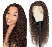 Hxxcoup Human Hair Wig Water Wave Real Hair Wig for Women Wigs 5 x 5 Lace Front #4 Chocolate Real Hair 100% Unprocessed Brazilian Virgin Hair Glueless Wear and Go for Woman 28 Inches