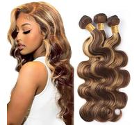 Hxxcoup Real Hair Wefts for Sewing in, Human Hair Bundles, Sew-in Bundles, Body Wave P4/27 Highlight Blonde Double Weft Extensions, 30 32 34 Inch with Minimal Smell Minimal Tangle, 100 g/pc for Women