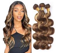 Hxxcoup Real Hair Wefts for Sewing in, Human Hair Bundles, Sew-in Bundles, Body Wave P4/27 Highlight Blonde Double Weft Extensions, 22 24 26 Inches with Minimal Smell Minimal Tangle, 100 g/pc for
