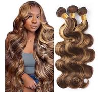 Hxxcoup Real Hair Wefts for Sewing in, Human Hair Bundles, Sew-in Bundles, Body Wave P4/27 Highlight Blonde Double Weft Extensions, 16 18 20 Inches with Minimal Smell Minimal Tangle, 100 g/pc for