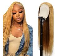 Hxxcoup Straight Human Hair Wig 5 x 5 Lace Front Real Hair Wig Black Wig Women's Glueless Wear and Go #27 Blonde Pre Plucked Hairline with Baby Hair for Woman No Smell 30 Inches