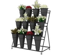 HXZJUIKL 3 Tier Plant Stand Flower Display Rack with Buckets Mobile Flower Shop Display Stand on Wheels for Indoor Outdoor Garden and Living Room Essential for Florists