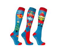 HY EQUESTRIAN Christmas Jolly Elves Socks (Pack of 3) - Winter Blue/Festive Red - Adult 4-8