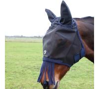 Hy Equestrian Mesh Half Mask with Ears and Fringe Black/Navy for Horses - Pony