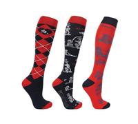 HY EQUESTRIAN Thelwell Collection Practice Makes Perfect Socks (Pack of 3), Red/Navy (Adult 4-8)